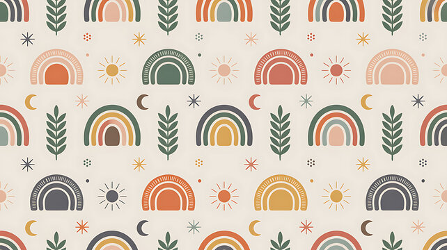 Seamless pattern with pixel art rainbows and trees in retro muted earth tone colors for textile design and digital wallpaper background