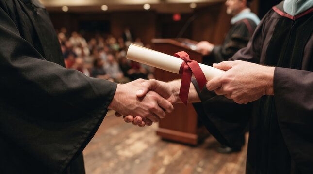 Graduate shaking hands with professor and receiving diploma scroll during university commencement ceremony for academic success marketing.