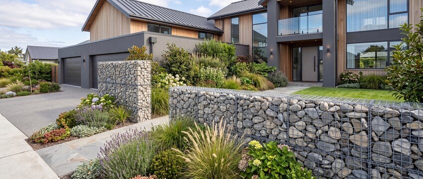 Modern Gabion Fence with Stone Fill Residential Property