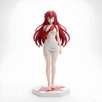3D render of anime girl with long red hair wearing white bandages and red gloves standing on a white base with blood splatter design