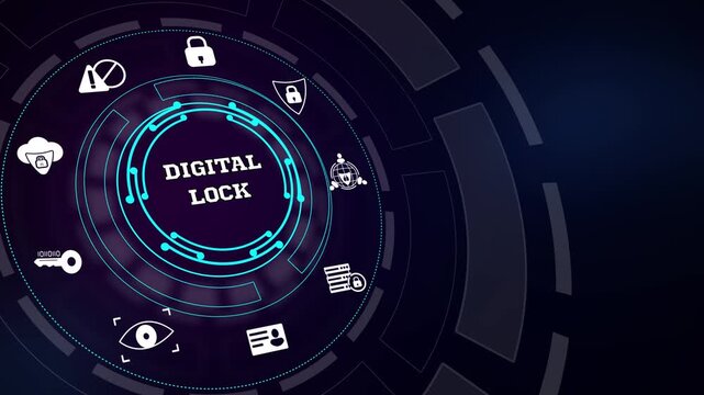 Encrypting confidential cloud storage assets using a futuristic digital lock interface layout with glowing circuit accent lines