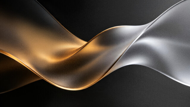 Abstract grainy glassmorphism background with blurred gold and silver frosted glass wavy aura ribbons over premium dark black backdrop design.