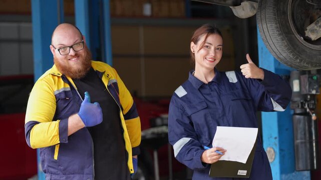 Happy mechanics rejoicing after completing car repairs in a well equipped auto shop surrounded by tools and equipment
