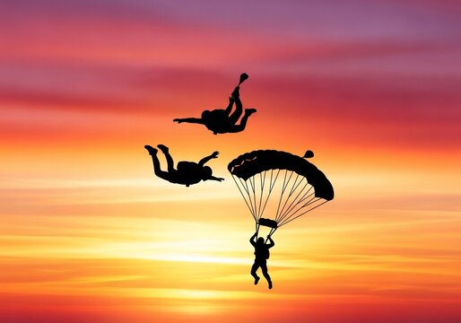 Silhouetted skydivers soar against a breathtaking sunset, a moment of pure freedom.