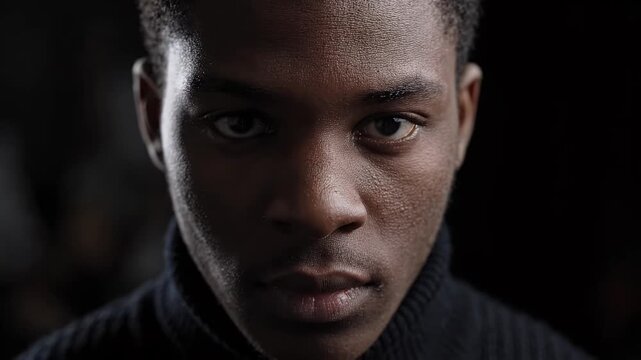 Intense Close-up Portrait of a Young Man - A focused, close-up portrait of a handsome young man with dark skin. He stares intently into the camera with a serious expression, wearing a dark turtleneck.