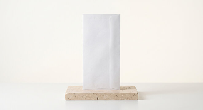 Vertical white DL envelope standing upright on a beige travertine stone block with a clean white background and copy space