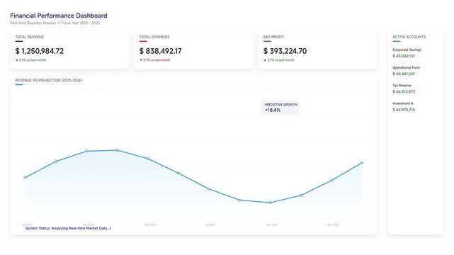 Digital Financial Analysis Interface Displaying Business Revenue Trends and Quarterly Performance Metrics on a Professional Data Visualization Dashboard