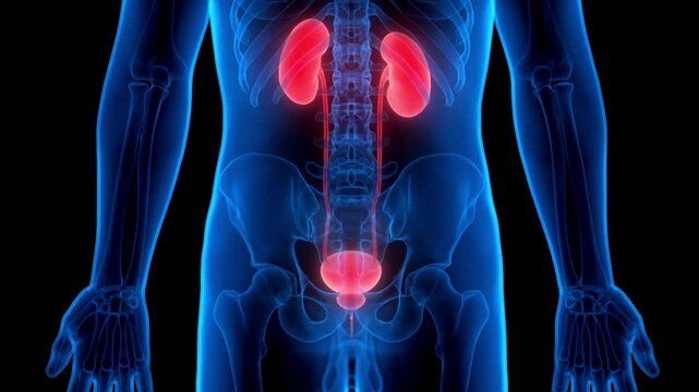 Anatomical illustration of human urinary system with kidneys and bladder highlighted in red