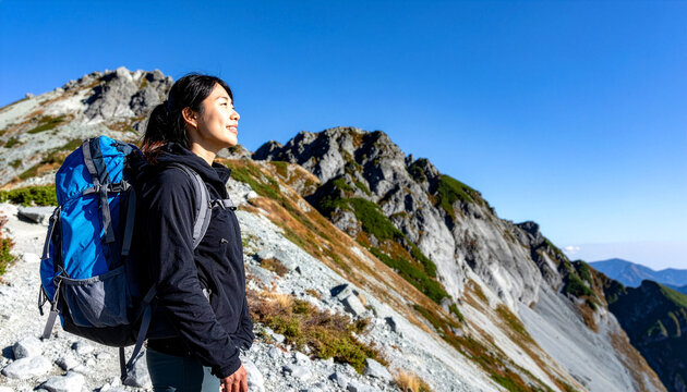 青空と荒々しい岩肌の山並みを背景にリュックを背負い微笑む女性クライマー（登山・アウトドア）