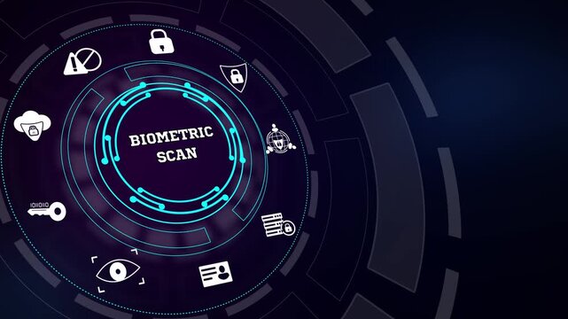 Authenticating high-security user access through a futuristic biometric scan interface layout with interactive eye and identity icons
