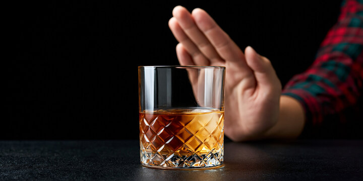 Refusal of alcoholic drink. A hand stops a glass of whiskey. The background is black