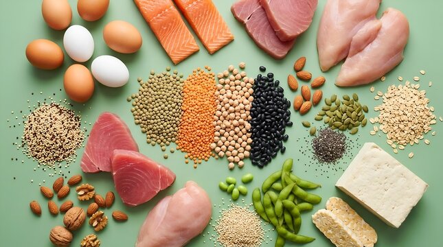 Healthy protein food sources like meat fish eggs beans nuts and soy on green surface.