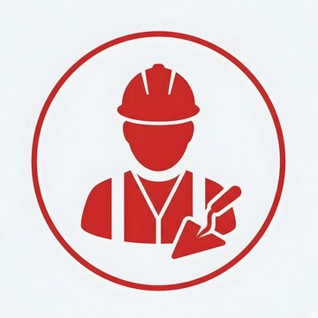 Red construction worker icon with a trowel tool inside a circular frame design.
