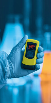 Close up of a gloved hand holding a yellow radiation detector with a digital display showing 888. The background is blurred with blue and orange hues, suggesting a laboratory or industrial setting