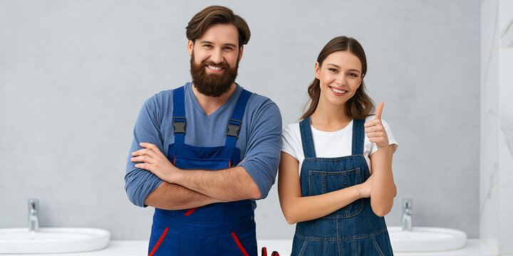 A male and female in work clothes smile and give a thumbs up in a clean bathroom setting