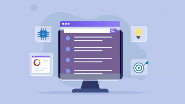 Flat vector animated desktop monitor displaying an AI performance dashboard with processor, analytics, target tracking, and intelligent workflow interface. Ideal for business, productivity, and techno
