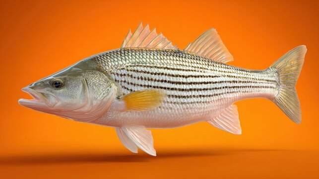 Lifelike depiction of a striped bass swimming against a vibrant orange background showcasing its unique features
