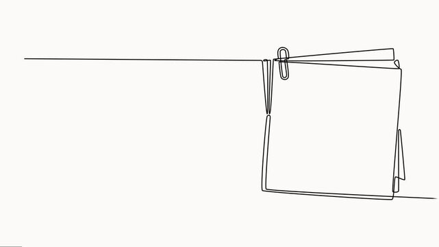 Animation of a one-line drawing of papers with paper clip. Continuous line self-drawing, full-length one-line animation. Animated vector illustration on white background.