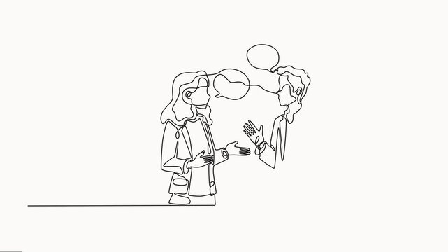 Animated self-drawing of a single continuous line draw businessman and a businesswoman discussing. Business meeting concept. Full-length one-line vector animation.