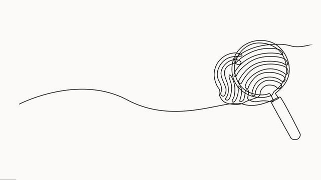 continuous one line drawing, Vector illustration of a magnifying glass with fingerprint video. Magnifying glass examining a unique fingerprint motion graphic video, vector on white background.