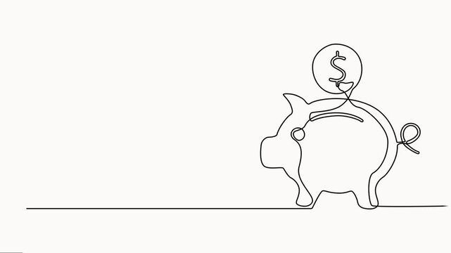 Piggy bank with dollar coin animation continuous one-line drawing, Saving money concept animation. Investment symbol, Abstract little piggy, full-length one-line animation.