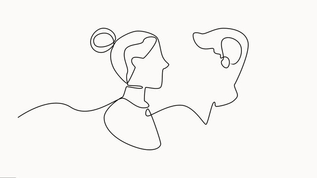 Animated self-drawing of a single continuous line draw businessman and a businesswoman discussing. Business meeting concept. Full-length one-line vector animation.