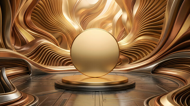 Shiny gold sphere on a pedestal with abstract wavy background for product display