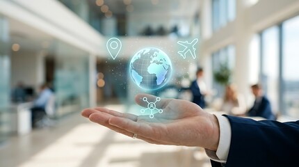 Fototapeta premium Man holding glowing globe hologram with travel and location symbols in modern office space hand technology earth map.