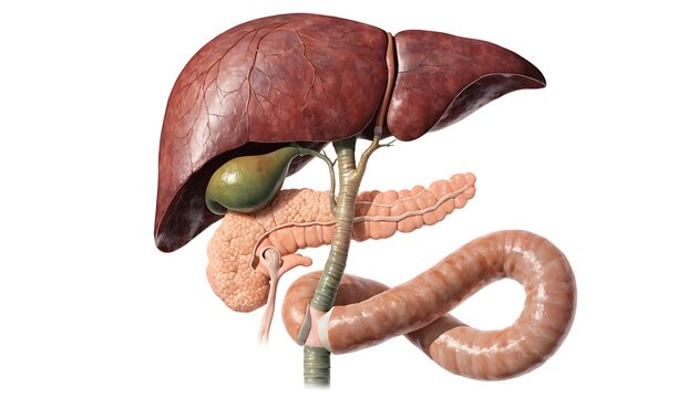 Human liver and pancreas anatomy. Detailed medical illustration of internal digestive organs.