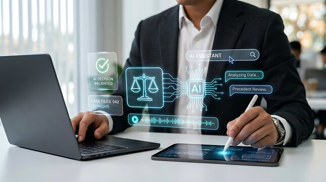 Professional Lawyer Using AI Legal Assistant Software for Digital Case Analysis
