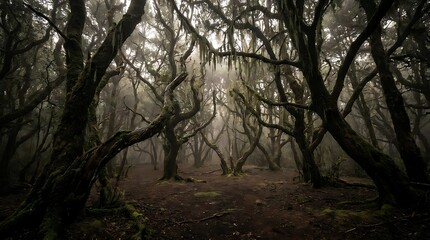 Fototapeta premium Mysterious forest with gnarled trees and atmospheric fog