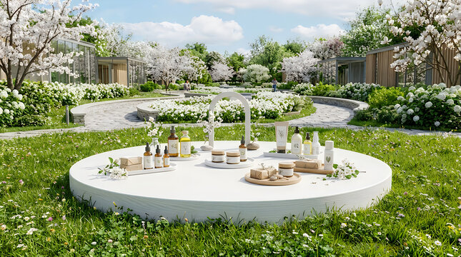 Natural organic skincare cosmetic products arranged on a stone pedestal in a lush green garden