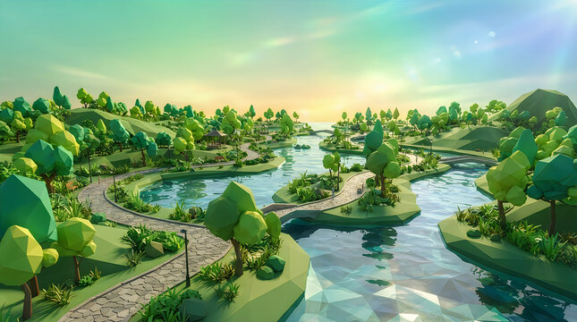 Beautiful green park landscape with a winding river and small bridge under a bright summer sky