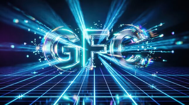 3D GFC letters glowing with neon light effects on digital grid