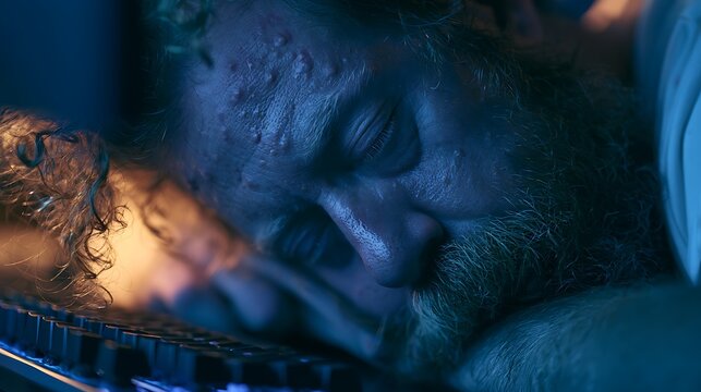 Prompt: A powerful, moody close-up of a tired programmer leaning his forehead against a mechanical keyboard. The cold blue light from the monitor illuminates his stressed, acne-prone skin and 