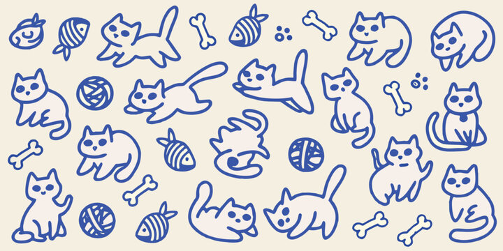 cats and fish in cute blue line art illustration bones yarn playful animals pets sketch drawing vector simple minimalist childish fun whimsical design