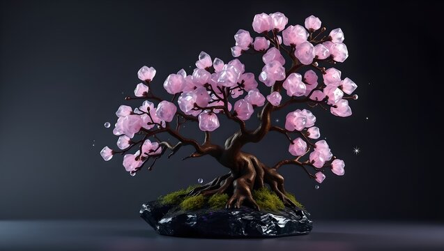 Fantasy Amethyst Crystal Bonsai Tree with Glowing Bioluminescent Foliage on Dark Background