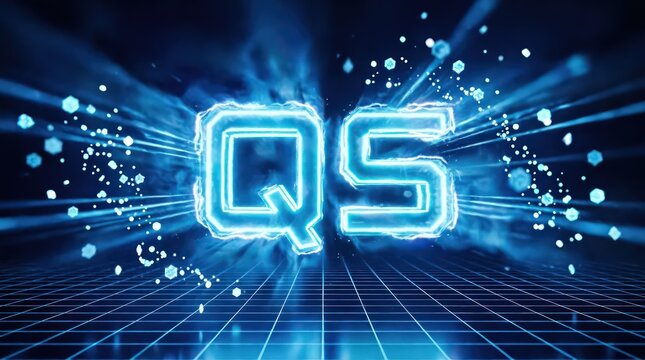 Futuristic Neon Blue QS Initials on High Tech Digital Grid Background