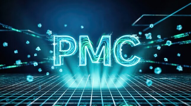 PMC Acronym Holographic Neon Text on Digital Grid Background