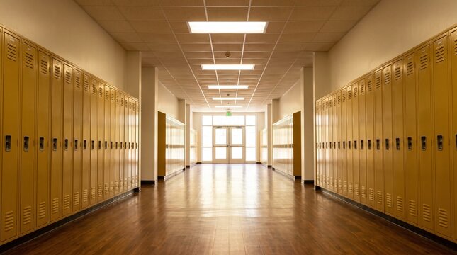 Empty high school hallway featuring rows of yellow metal lockers and bright ceiling lighting in a modern educational building