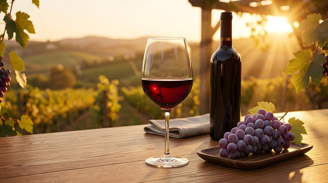 Glass of Red Wine with Bottle and Fresh Grapes on Wooden Table Overlooking Vineyard at Sunset