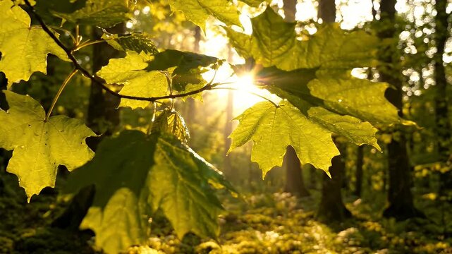 Golden Sunlight Through Young Maple Leaves in Forest - Golden sunlight filters through the vibrant green leaves of young maple trees in a tranquil forest setting.