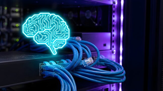 Artificial intelligence brain icon glowing over server network cables