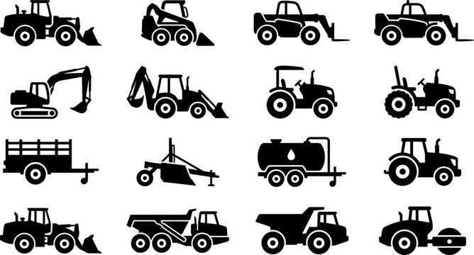 Set of black construction and agricultural machinery icons.