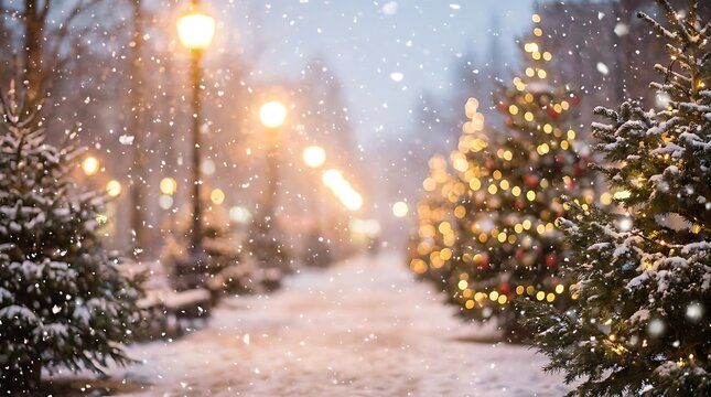 Snowy winter evening park with illuminated christmas trees