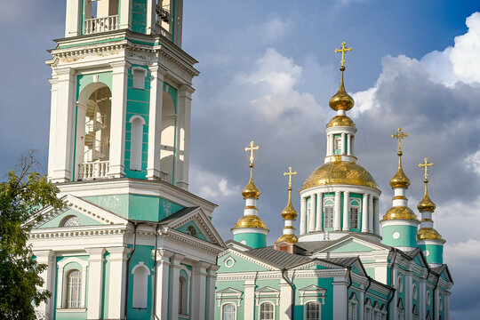 Golden domes of the Transfiguration Cathedral in Tambov at sunset, Tambov region of Russia