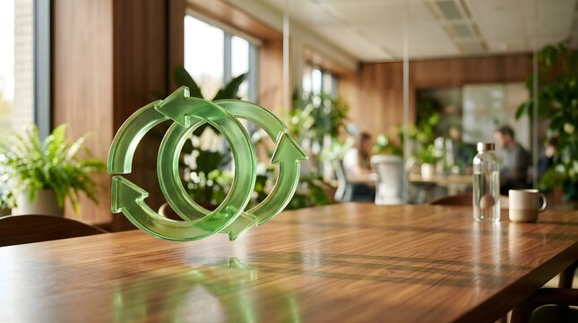 Glass recycle symbol floating over a modern office meeting room table