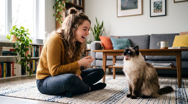 Happy young woman laughing while sitting on the floor with her vocal Siamese cat at home