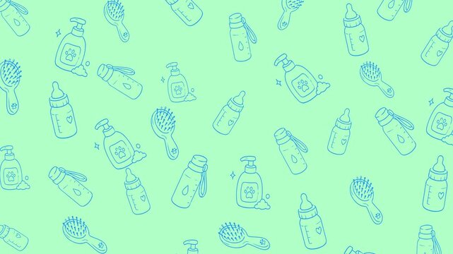 Pet care doodle pattern with shampoo bottle, grooming brush, water and feeding bottle, paw print icons. Seamless loop, blue line art on mint.