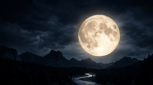Large full moon illuminates a dark mountain landscape with a winding river